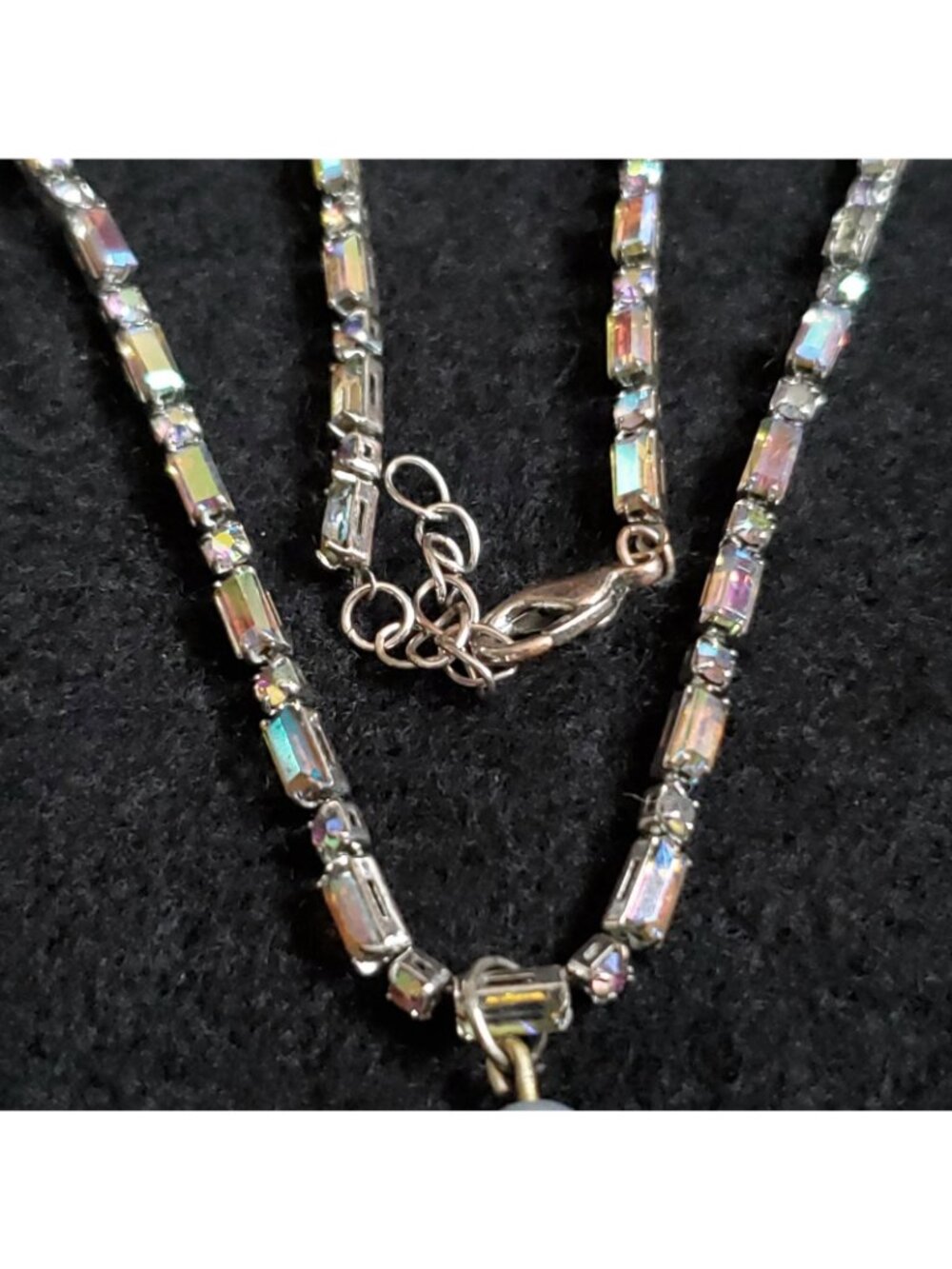 Sea Glass Necklace Blue Silver Tone Aura Borealis Rhinestone 15" - Picture 4 of 8